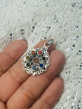 Sterling Silver 925 Multi-Gem Chakra Pendant - Colorful Round Medallion